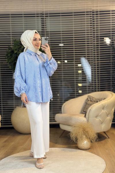 7939 Üst Çizgili Gömlek Pantolon Takım Mavi
