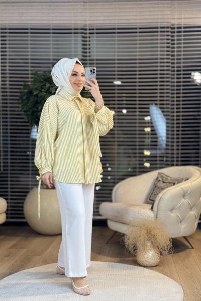 7939 Üst Çizgili Gömlek Pantolon Takım Hardal