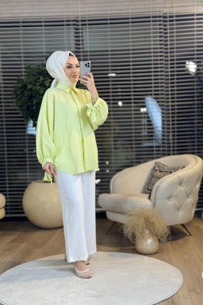 7939 Üst Çizgili Gömlek Pantolon Takım Fıstık Yeşili