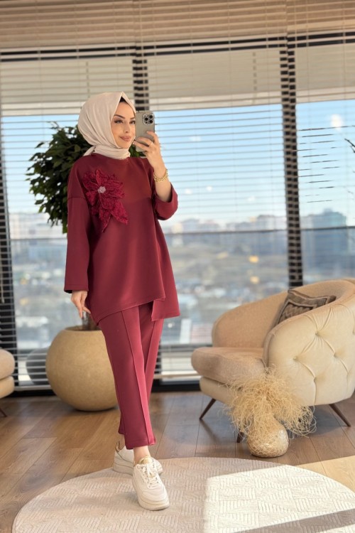 7945 Sol Göğüs Büyük Çiçek Broşlu Takım Bordo