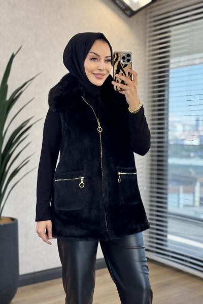 7951 Yaka Kürklü Cebi Fermuarlı Angora Yelek Siyah