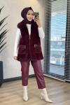 7951 Yaka Kürklü Cebi Fermuarlı Angora Yelek Bordo