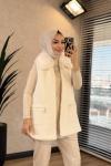 7951 Yaka Kürklü Cebi Fermuarlı Angora Yelek Ekru