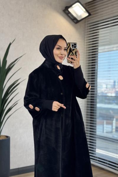 7958 Manşeti Triko Angora Uzun Kaban Siyah