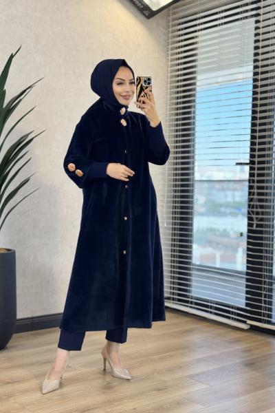 7958 Manşeti Triko Angora Uzun Kaban Lacivert
