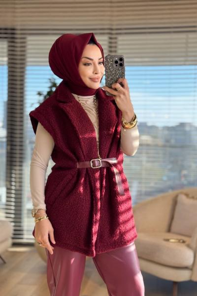 7979 Bukle Kemer Detaylı Yelek Bordo