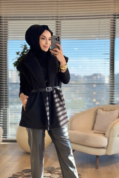 7979 Bukle Kemer Detaylı Yelek Siyah