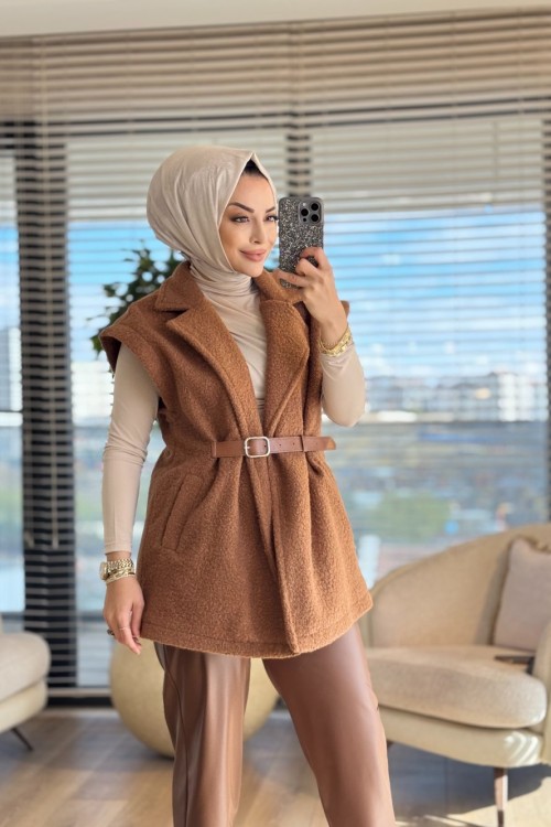 7979 Bukle Kemer Detaylı Yelek Kahve