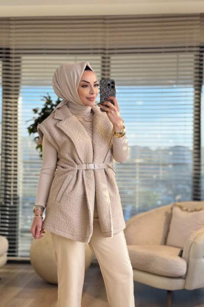 7979 Bukle Kemer Detaylı Yelek Taş