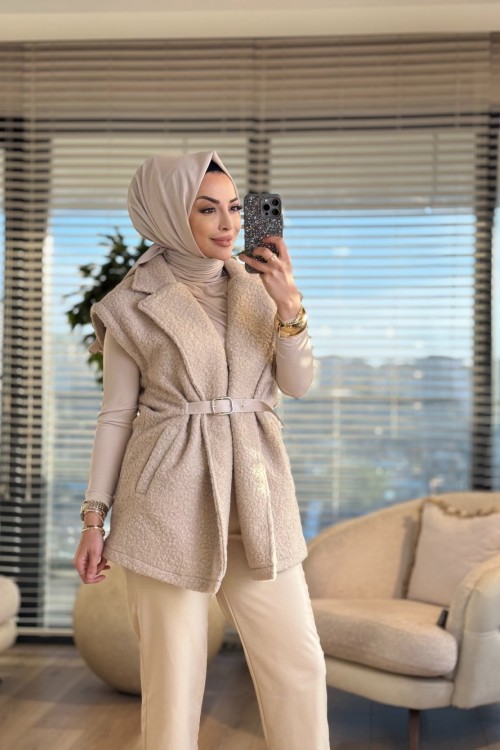 7979 Bukle Kemer Detaylı Yelek Taş