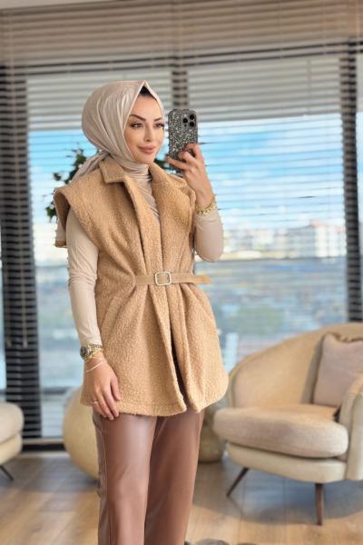 7979 Bukle Kemer Detaylı Yelek Vizon