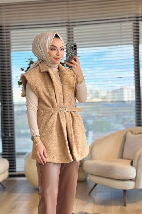 7979 Bukle Kemer Detaylı Yelek Vizon