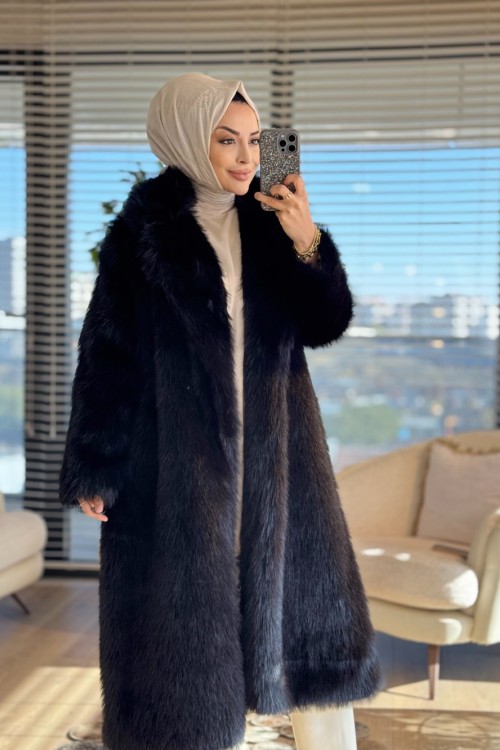 7980 Peluş Uzun Kaban Siyah