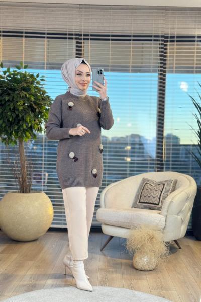 7998 Ön Çiçek Ve Pul İşli Triko Tunik Kahve