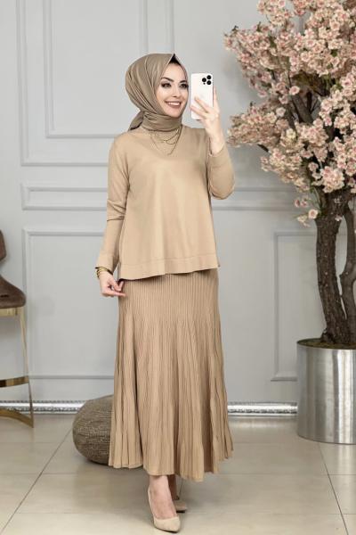 800 Altı Bürümcük Triko Etekli Takım Latte