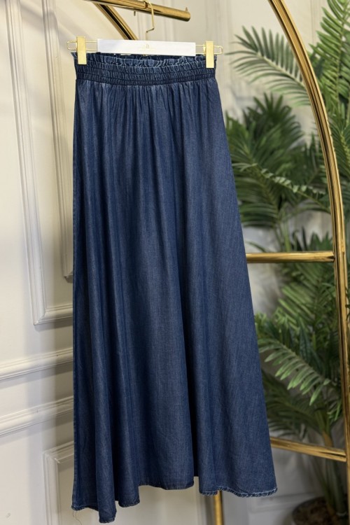 8004 Tencel Beli Lastikli Etek Koyu Mavi
