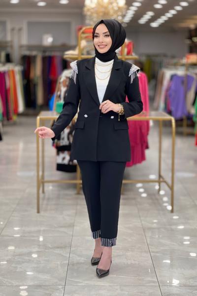 8008 Omuzları Taş İşlemeli Takım Siyah