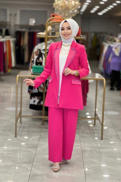 8009 Yaka Ve Cep Kapağı Taş İşlemeli Takım Fuşya