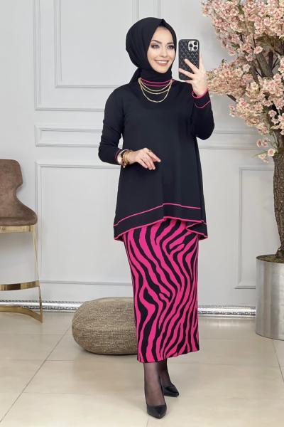 802 Altı Zebra Desen Triko Etekli Takım Siyah Fuşya