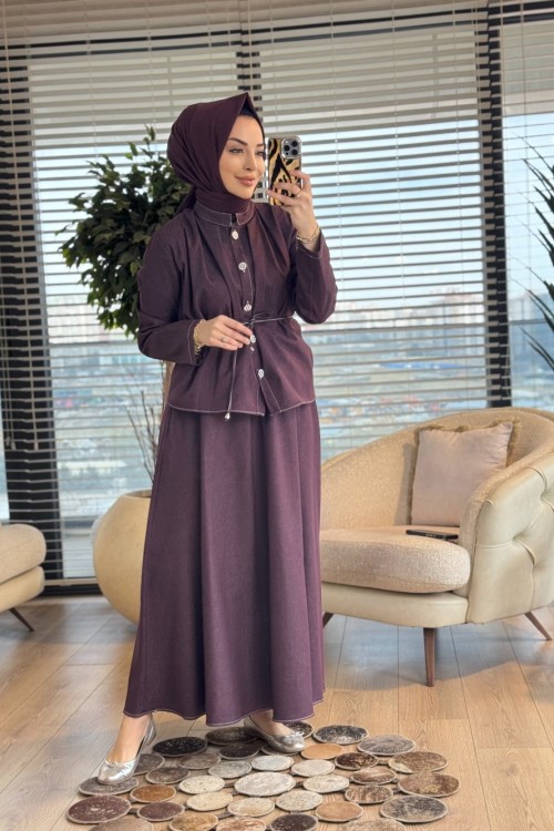 802 Tencel Önü Çiçek Düğme Yakasız Takım Mürdüm