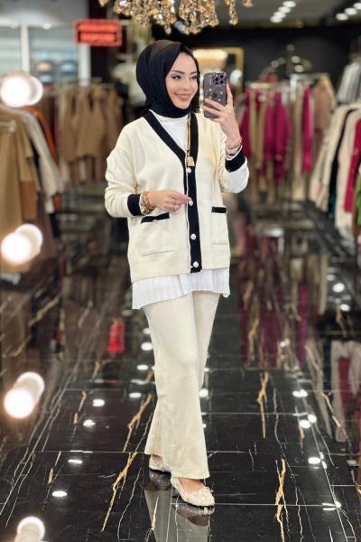 8021 V Yaka Hırka Triko Pantolon Takım Ekru