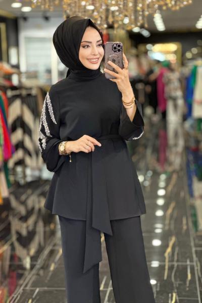 8022 Kolları Boncuk İşli Takım Siyah