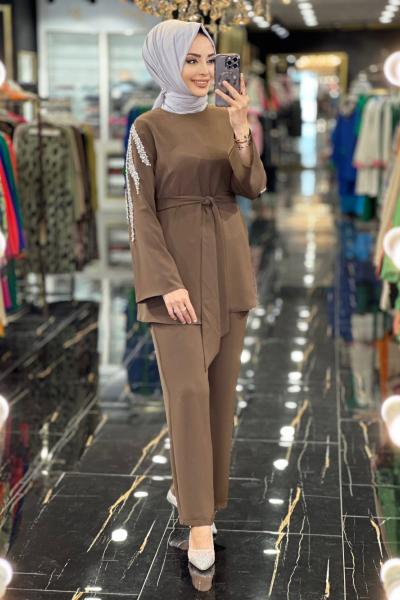 8022 Kolları Boncuk İşli Takım Kahve