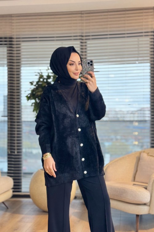 80259 Saçak V Yaka Hırka Siyah
