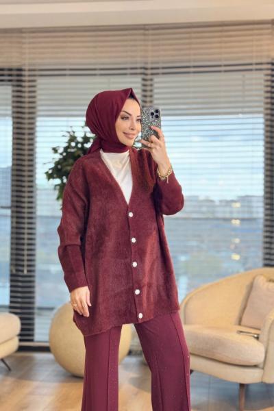 80259 Saçak V Yaka Hırka Bordo
