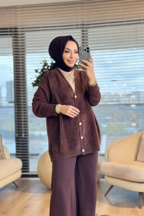 80259 Saçak V Yaka Hırka Kahve
