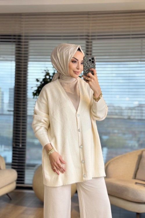 80259 Saçak V Yaka Hırka Ekru