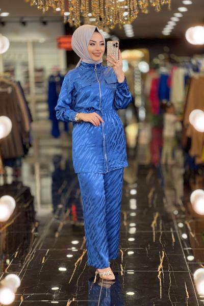 80276 Asimetrik Desen Fermuarlı Takım İndigo