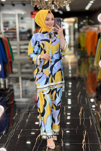 80284 Saten Önü Düğmeli Saten Takım Lila