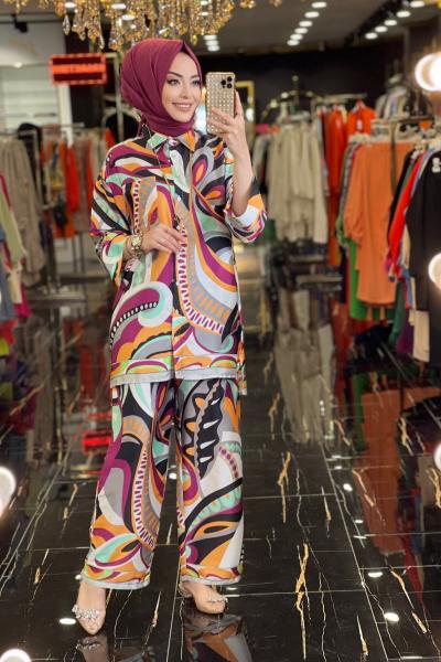 80285 Cepli Ve Desenli Saten Takım Gri