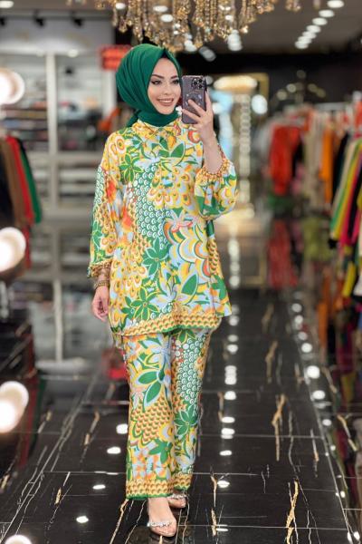 80286 Çiçek Desenli Saten Takım Benetton Hardal