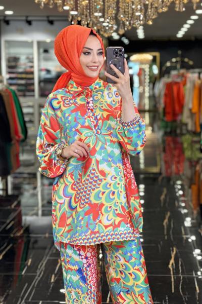 80286 Çiçek Desenli Saten Takım Kırmızı