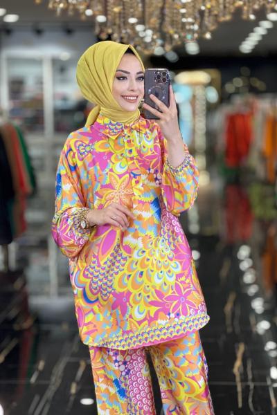 80286 Çiçek Desenli Saten Takım Fuşya Oranj