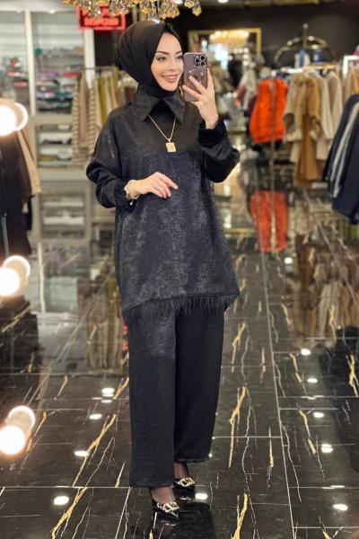 8038 Kol Ve Etek Ucu Tüy Detaylı Takım Siyah