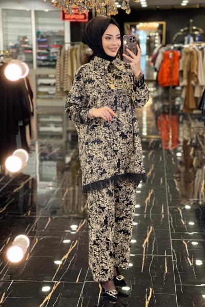 8038 Kol Ve Etek Ucu Tüy Detaylı Takım Siyah Bej