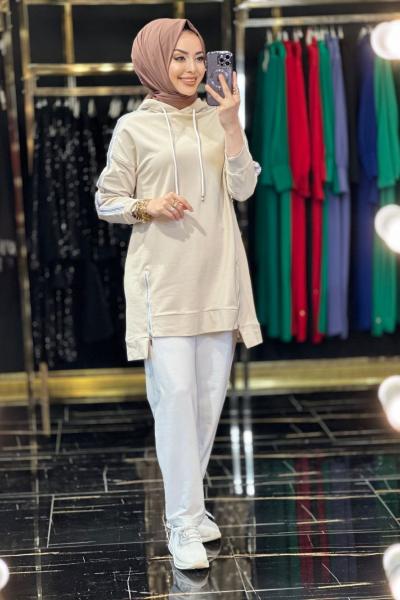 80391 Taşlı Şeritli Eşofman Takım Bej