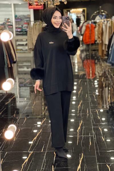 8043 Kolları Kürklü Pantonlu Takım Siyah