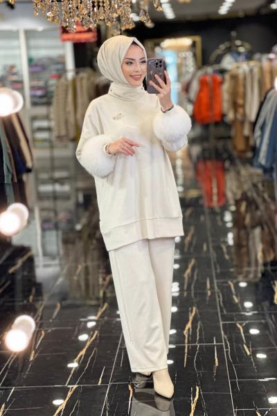 8043 Kolları Kürklü Pantonlu Takım Bej