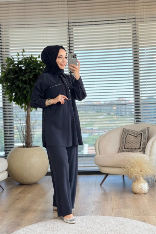 8061 Yarım Pat Ve Cep Detaylı Pantolonlu Takım Siyah