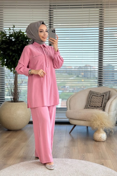8061 Yarım Pat Ve Cep Detaylı Pantolonlu Takım Pembe