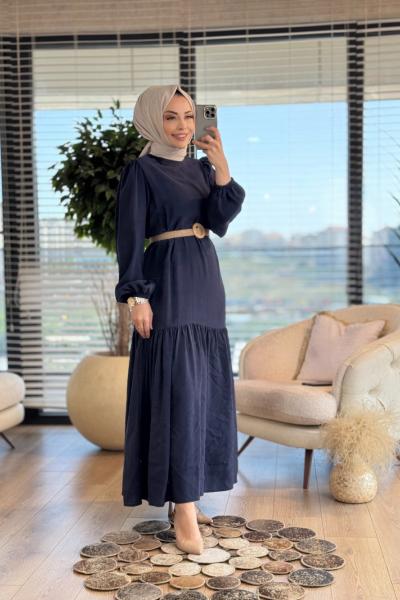 8080 Modal Katlı Elbise Lacivert