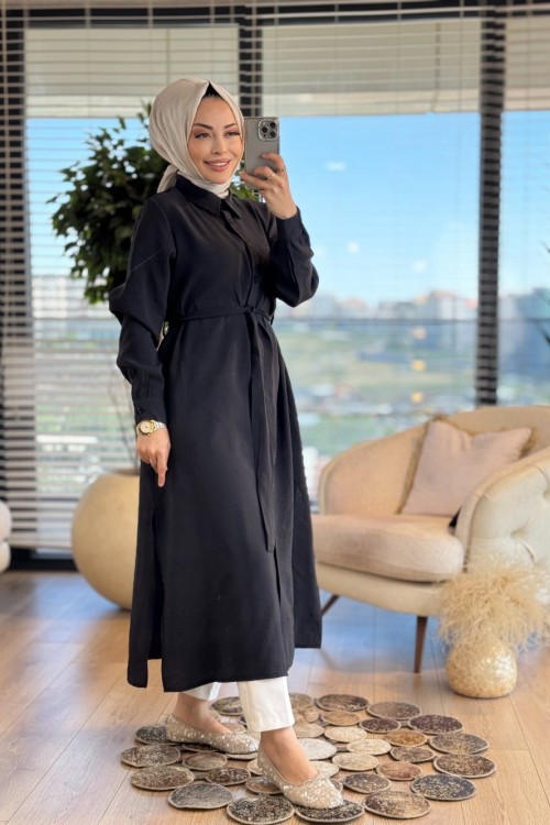8081 Modal Gömlek Elbise Siyah