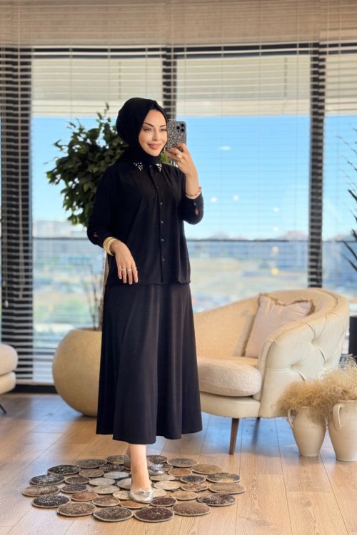8102 Naz Yakası Taşlı Takım Siyah