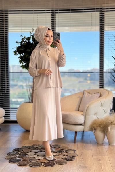 8102 Naz Yakası Taşlı Takım Bej