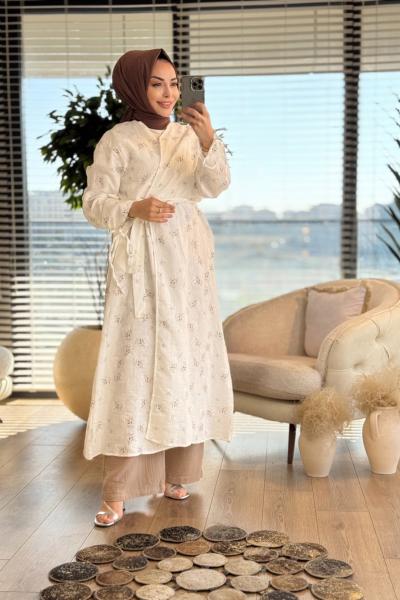 8108 Üst Nakışlı Uzun Kimonolu Takım Ekru Latte