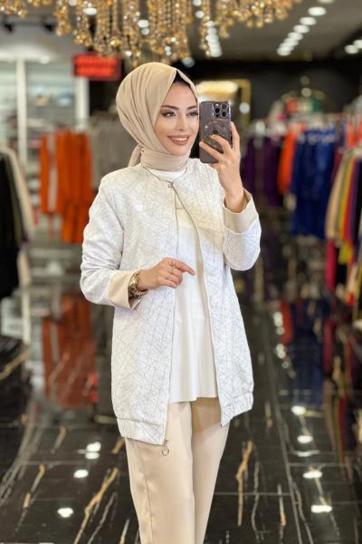 8129 Üst Kendinden Desenli Fermuarlı Takım Gri